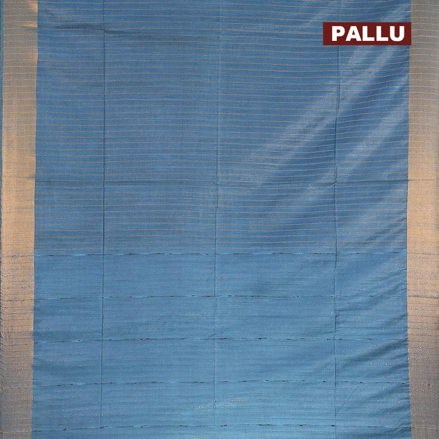 Semi tussar saree blue shade with allover stripes pattern and seperate embroidery work blouse - {{ collection.title }} by Prashanti Sarees