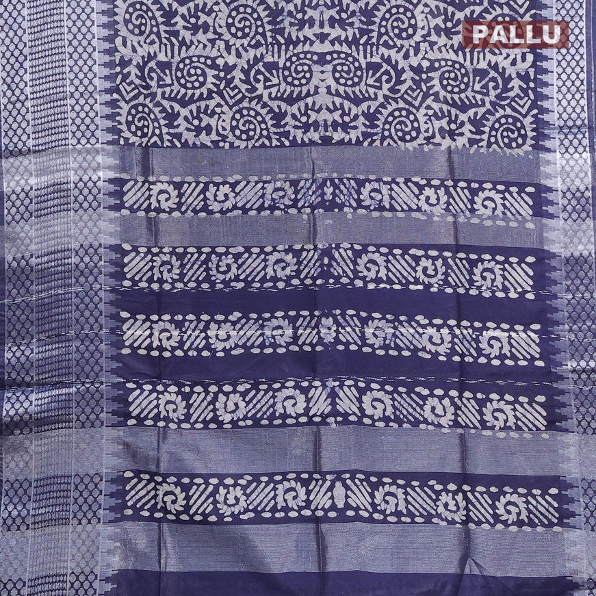 Semi tussar saree blue with allover batik prints & sequin work pallu and long temple design silver zari woven border - {{ collection.title }} by Prashanti Sarees
