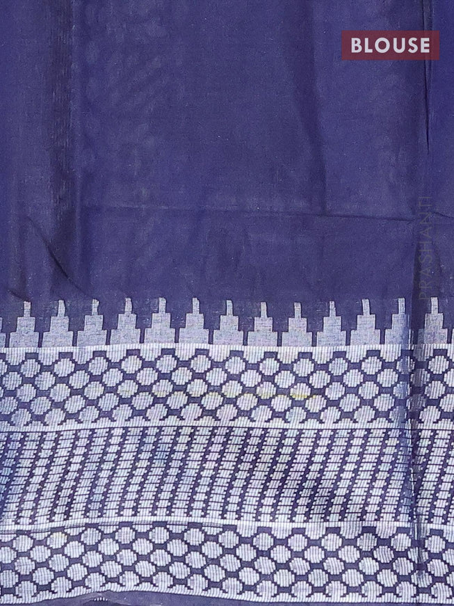 Semi tussar saree blue with allover batik prints & sequin work pallu and long temple design silver zari woven border - {{ collection.title }} by Prashanti Sarees