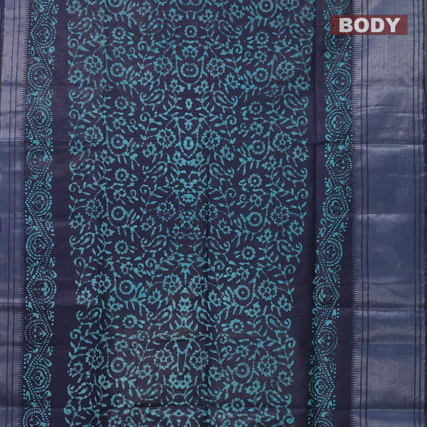 Semi tussar saree blue with allover batik prints and silver zari woven kanjivaram style border - {{ collection.title }} by Prashanti Sarees