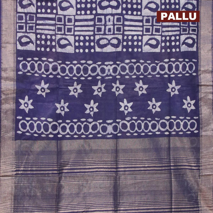 Semi tussar saree blue with allover batik prints and zari woven kanjivaram style border - {{ collection.title }} by Prashanti Sarees