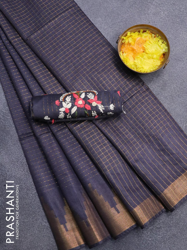 Semi tussar saree bluish grey with allover zari weaves and seperate embroidery work blouse - {{ collection.title }} by Prashanti Sarees