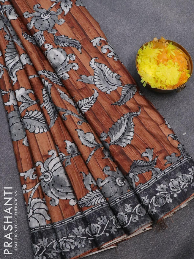 Semi tussar saree brown and grey with kalamkari prints & french knot work and printed border - {{ collection.title }} by Prashanti Sarees