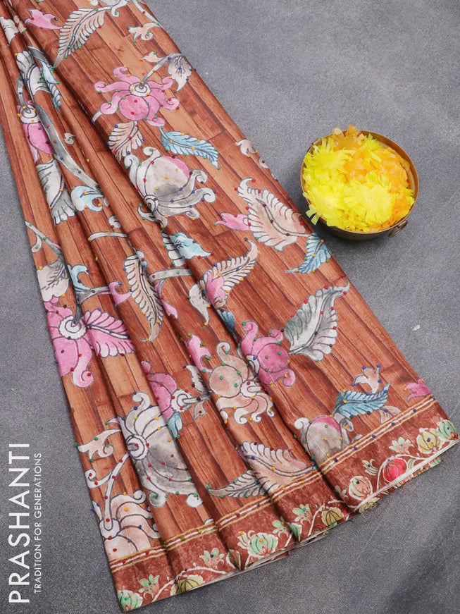 Semi tussar saree brown with kalamkari prints & french knot work and printed border - {{ collection.title }} by Prashanti Sarees