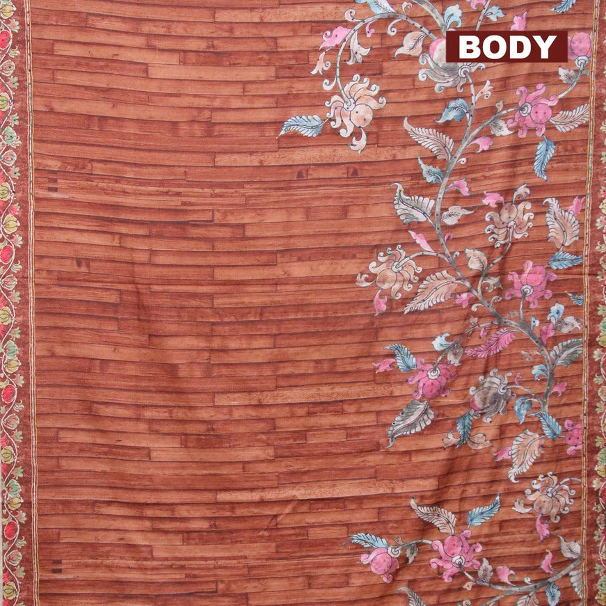 Semi tussar saree brown with kalamkari prints & french knot work and printed border - {{ collection.title }} by Prashanti Sarees