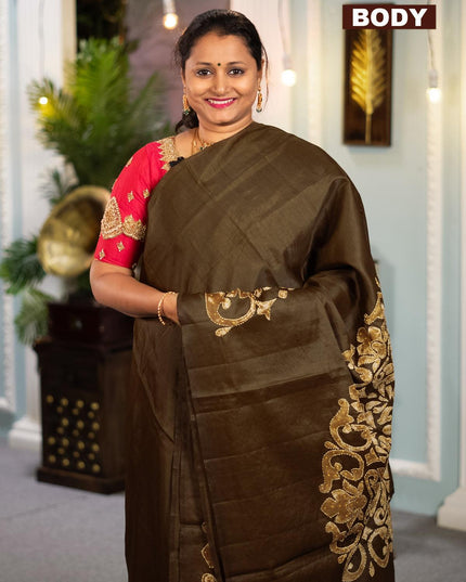 Semi tussar saree brown with kantha & french knot work in borderless style - {{ collection.title }} by Prashanti Sarees