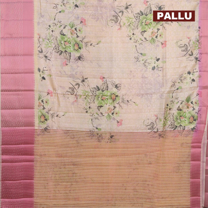 Semi tussar saree cream with allover self emboss & floral digital prints and pink zari woven border - {{ collection.title }} by Prashanti Sarees