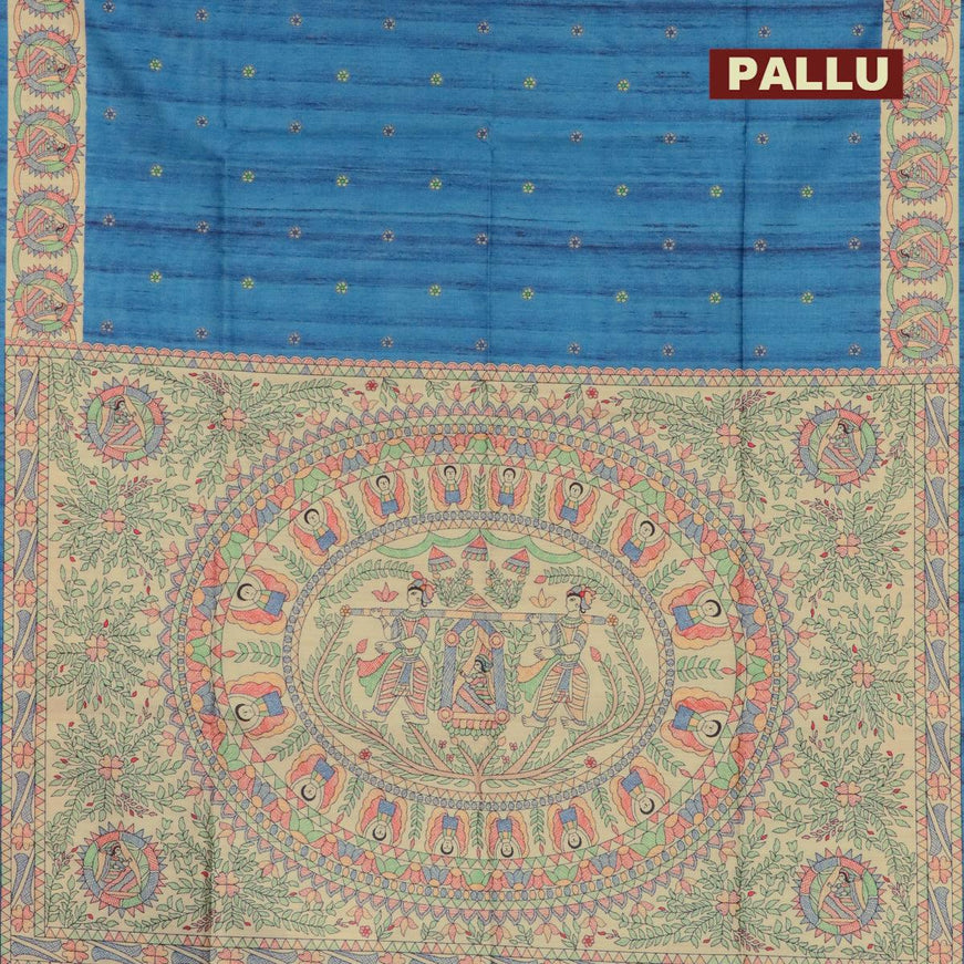 Semi tussar saree cs blue and beige with madhubani butta prints and madhubani printed border - {{ collection.title }} by Prashanti Sarees