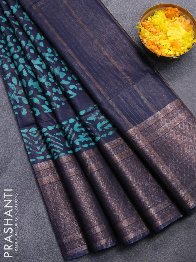 Semi tussar saree dark blue with allover batik prints and zari woven kanjivaram style border - {{ collection.title }} by Prashanti Sarees