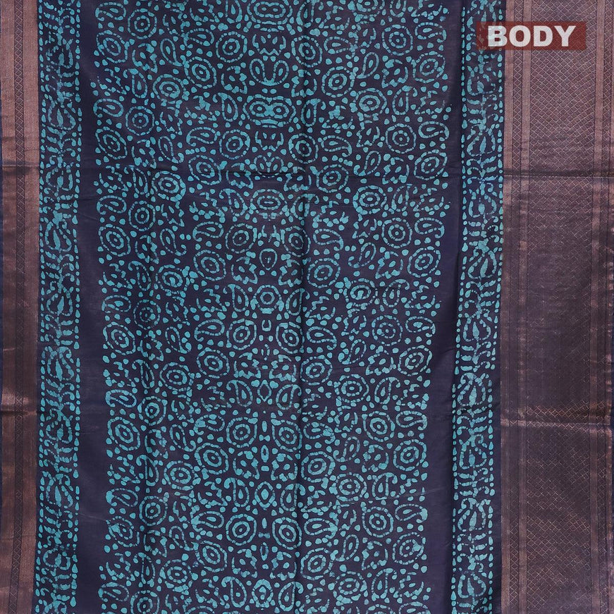 Semi tussar saree dark blue with allover batik prints and zari woven kanjivaram style border - {{ collection.title }} by Prashanti Sarees