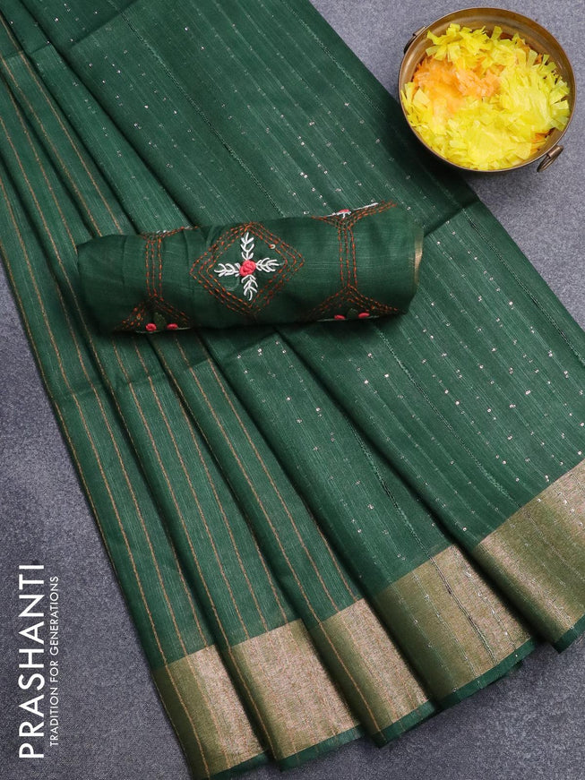 Semi tussar saree dark green with allover stripes pattern and seperate embroidery work blouse - {{ collection.title }} by Prashanti Sarees