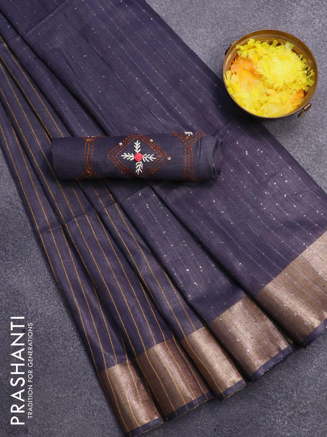 Semi tussar saree dark grey with allover stripes pattern and seperate embroidery work blouse - {{ collection.title }} by Prashanti Sarees