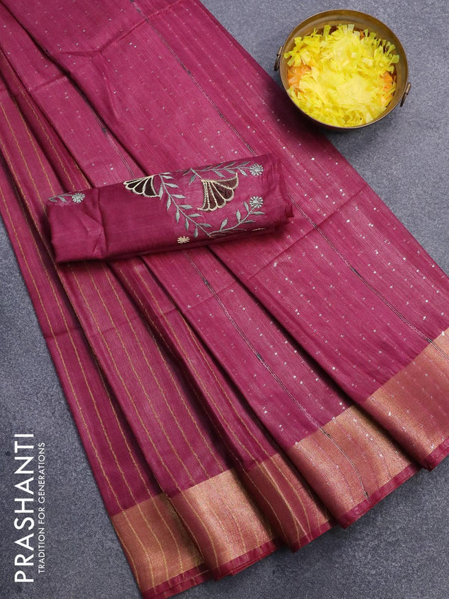 Semi tussar saree dark magenta pink with allover stripes pattern and seperate embroidery work blouse - {{ collection.title }} by Prashanti Sarees