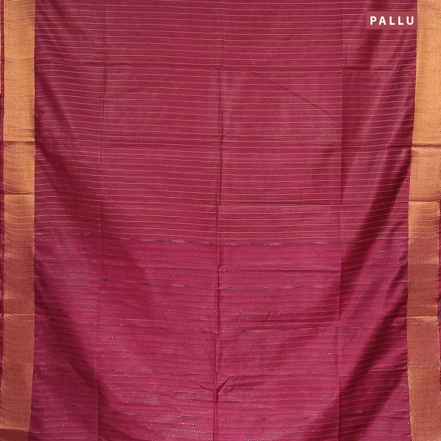 Semi tussar saree dark magenta pink with allover stripes pattern and seperate embroidery work blouse - {{ collection.title }} by Prashanti Sarees
