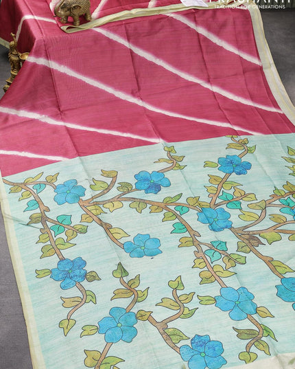 Semi tussar saree dark pink and teal blue shade with allover leheriya prints and kalamkari printed pallu - {{ collection.title }} by Prashanti Sarees