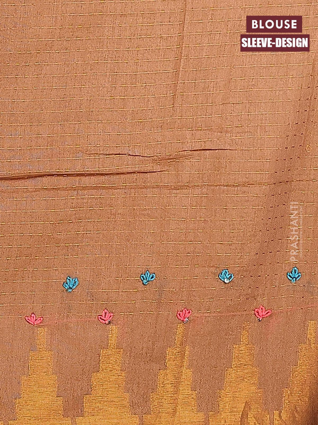 Semi tussar saree dark sandal with allover zari weaves and seperate embroidery work blouse - {{ collection.title }} by Prashanti Sarees