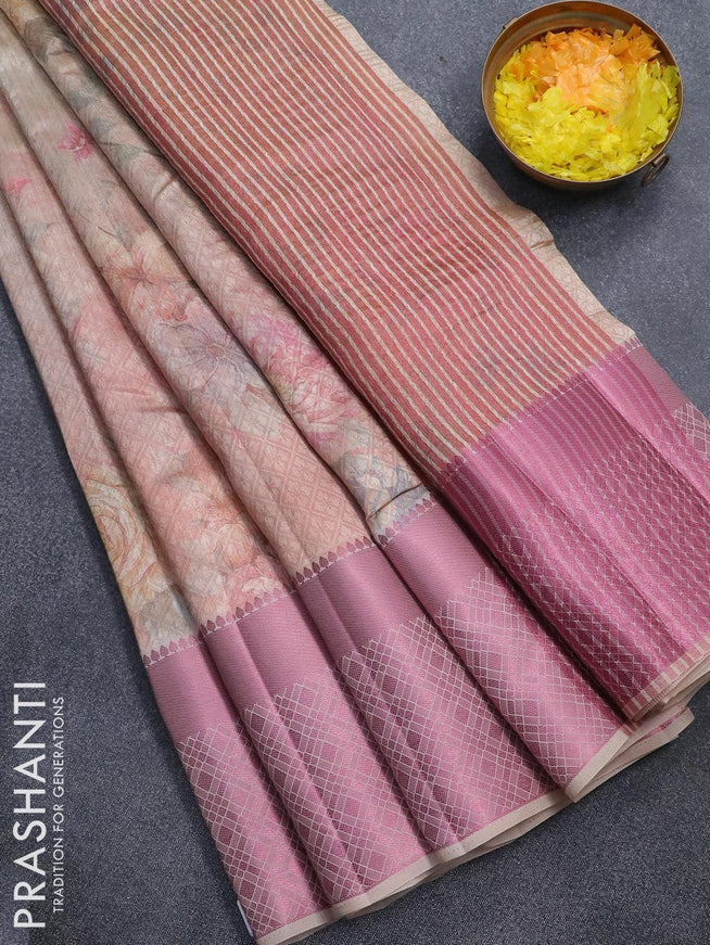 Semi tussar saree dual shade of beige with allover self emboss & floral digital prints and pink zari woven border - {{ collection.title }} by Prashanti Sarees