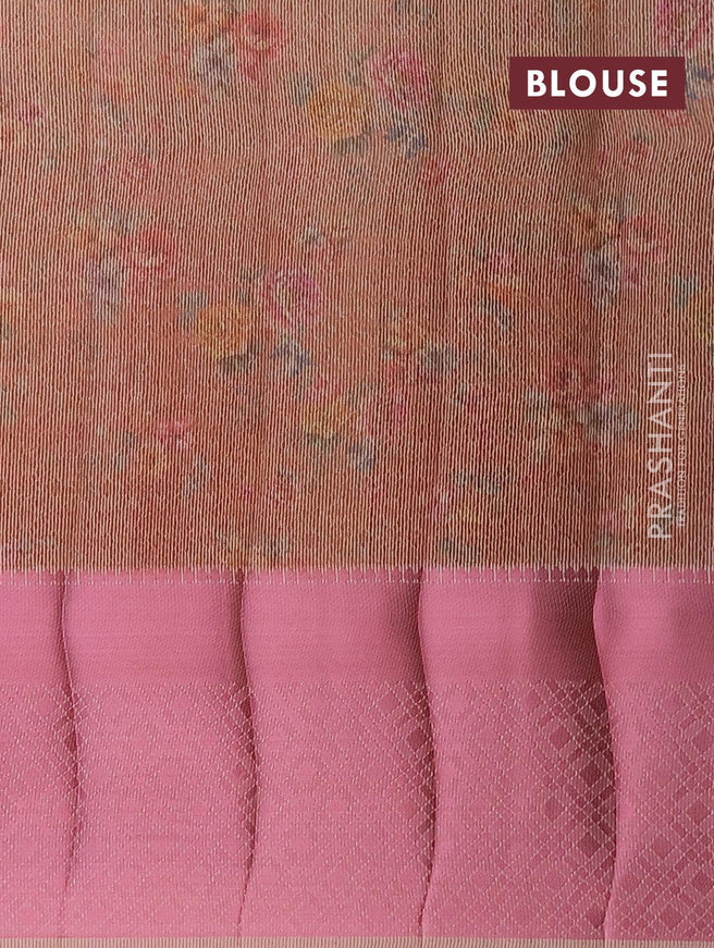 Semi tussar saree dual shade of beige with allover self emboss & floral digital prints and pink zari woven border - {{ collection.title }} by Prashanti Sarees