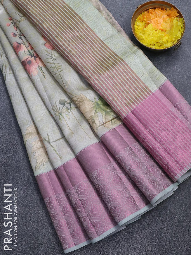 Semi tussar saree dual shade of mild pista green and pastel grey with allover self emboss & floral digital prints and pink zari woven border - {{ collection.title }} by Prashanti Sarees