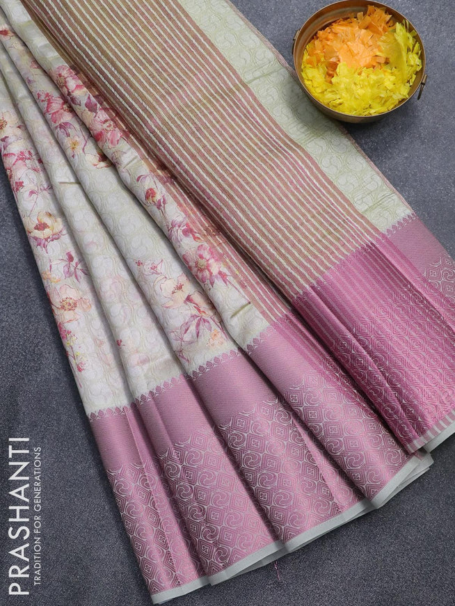 Semi tussar saree dual shade of mild pista green with allover self emboss & floral digital prints and pink zari woven border - {{ collection.title }} by Prashanti Sarees