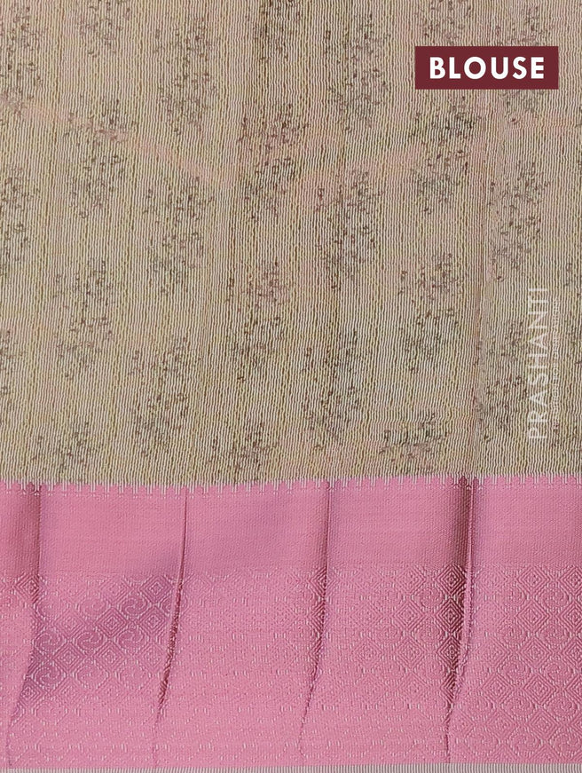 Semi tussar saree dual shade of mild pista green with allover self emboss & floral digital prints and pink zari woven border - {{ collection.title }} by Prashanti Sarees
