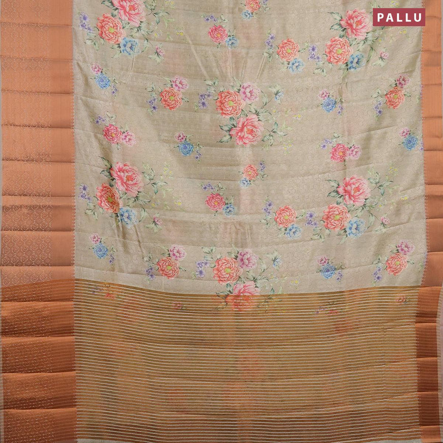 Semi tussar saree elaichi green shade with allover self emboss & floral digital prints and copper zari woven border - {{ collection.title }} by Prashanti Sarees