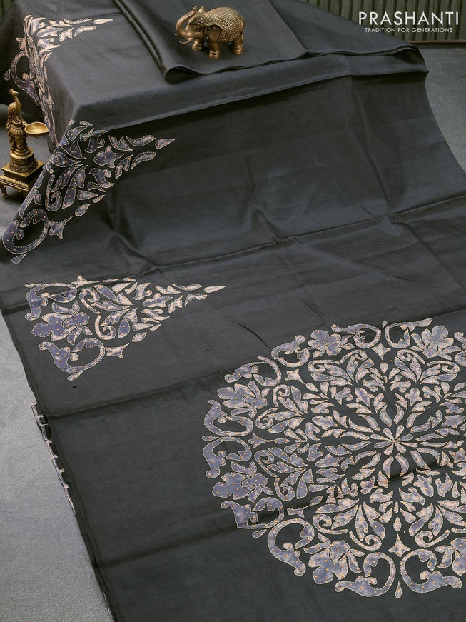 Semi tussar saree elephant grey with kantha & french knot work in borderless style - {{ collection.title }} by Prashanti Sarees