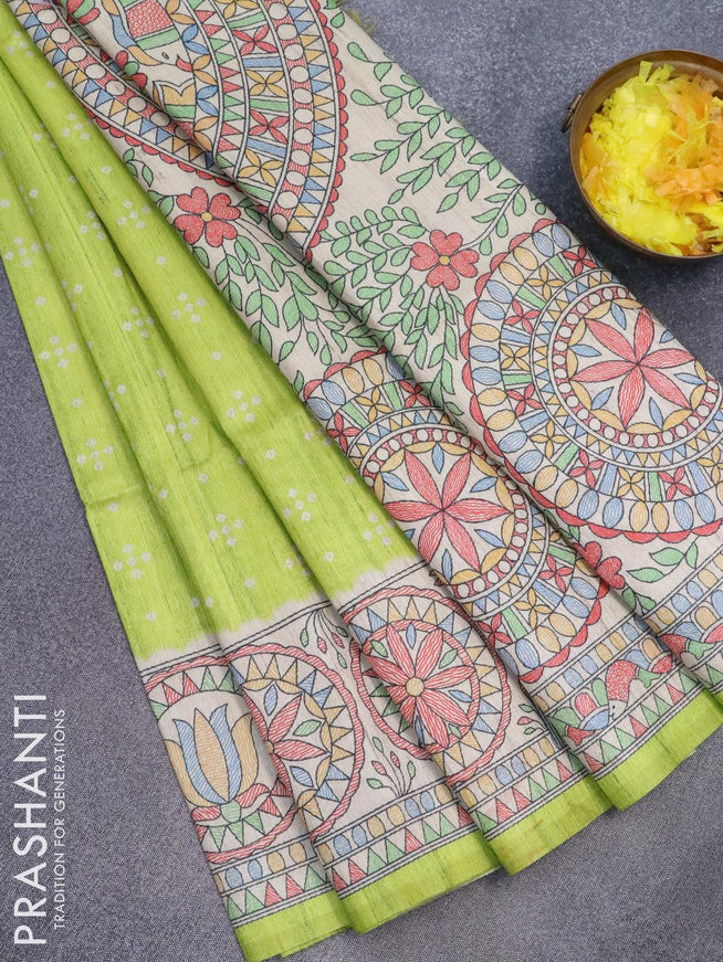 Semi tussar saree fluorescent green and beige with allover bandhani butta prints and madhubani printed border - {{ collection.title }} by Prashanti Sarees