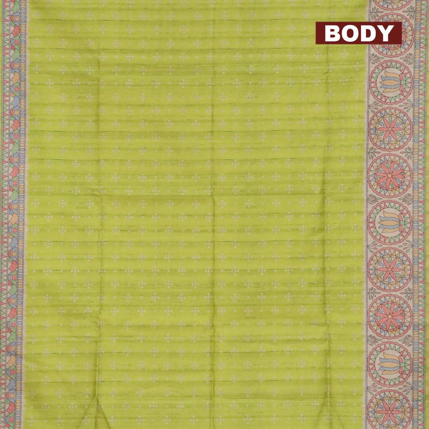 Semi tussar saree fluorescent green and beige with allover bandhani butta prints and madhubani printed border - {{ collection.title }} by Prashanti Sarees