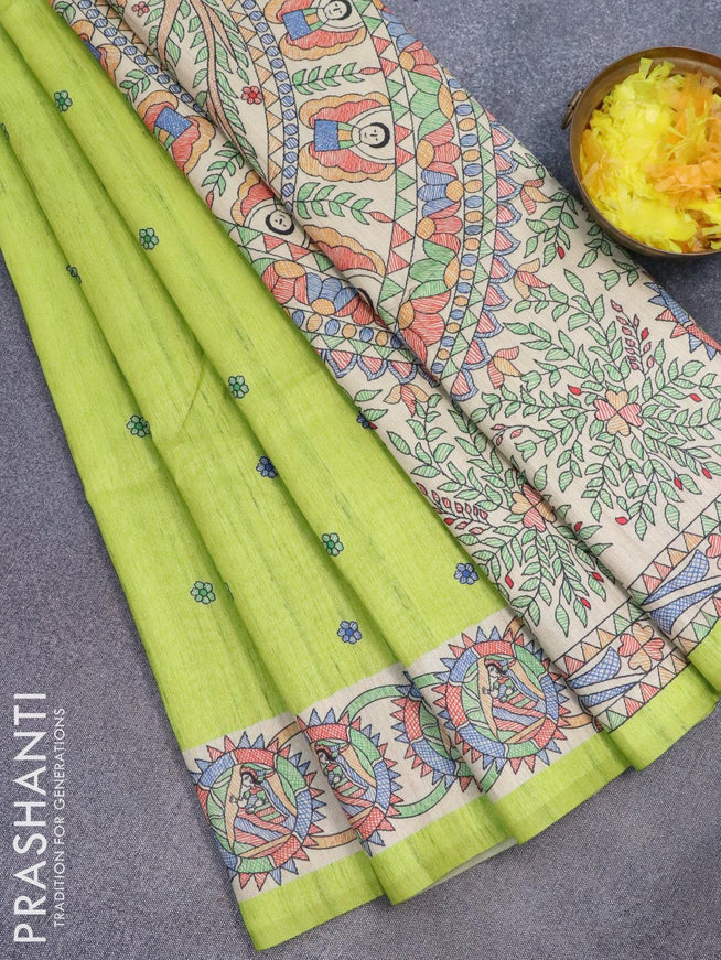 Semi tussar saree fluorescent green and beige with madhubani butta prints and madhubani printed border - {{ collection.title }} by Prashanti Sarees