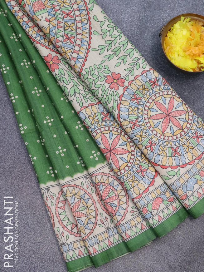 Semi tussar saree green and beige with allover bandhani butta prints and madhubani printed border - {{ collection.title }} by Prashanti Sarees