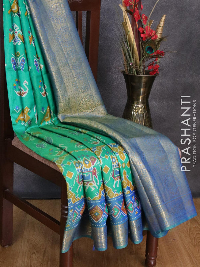 Semi tussar saree green and cs blue with allover patola prints and zari woven border - {{ collection.title }} by Prashanti Sarees