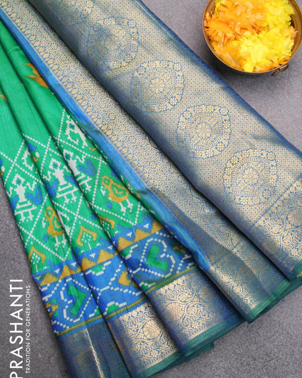 Semi tussar saree green and dual shade of blue with allover butta prints and zari woven border - {{ collection.title }} by Prashanti Sarees