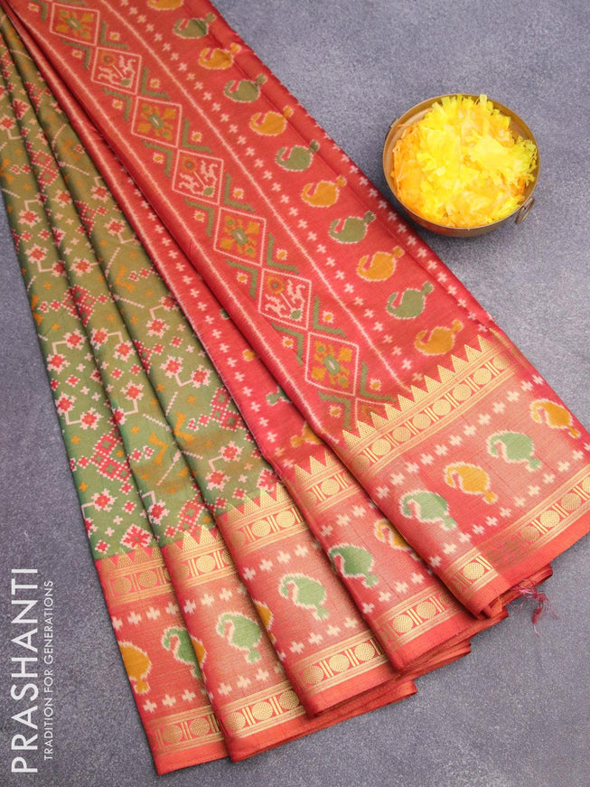 Semi tussar saree green and red shade with allover ikat prints and zari woven ikat border - {{ collection.title }} by Prashanti Sarees