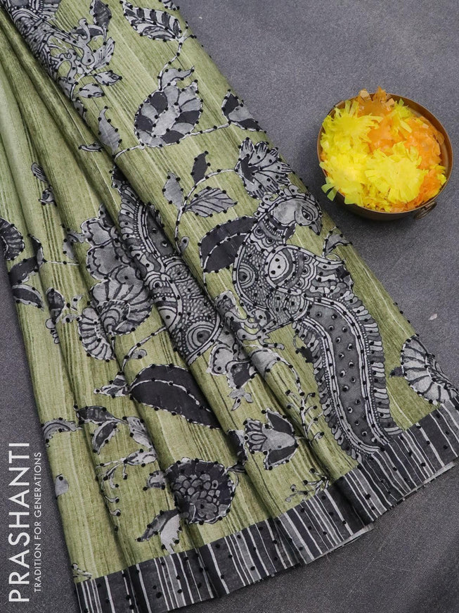 Semi tussar saree green shade and black with kalamkari prints & french knot work and simple border - {{ collection.title }} by Prashanti Sarees