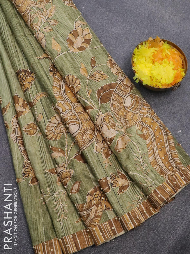 Semi tussar saree green shade with kalamkari prints & french knot work and simple border - {{ collection.title }} by Prashanti Sarees
