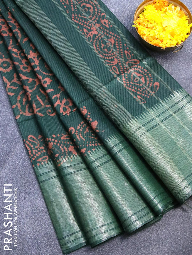 Semi tussar saree green with allover batik prints and silver zari woven kanjivaram style border - {{ collection.title }} by Prashanti Sarees