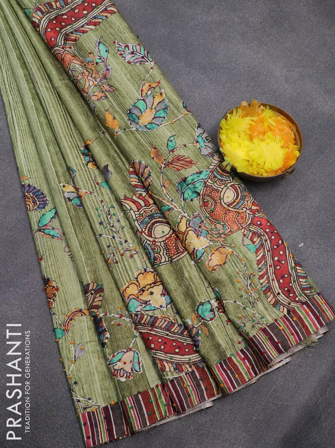 Semi tussar saree green with kalamkari prints & french knot work and simple border - {{ collection.title }} by Prashanti Sarees