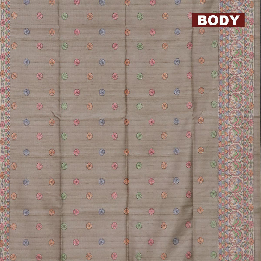 Semi tussar saree grey and beige with madhubani butta prints and madhubani printed border - {{ collection.title }} by Prashanti Sarees