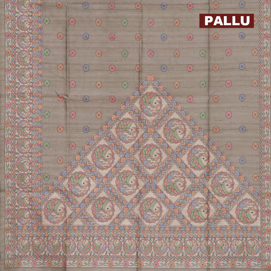 Semi tussar saree grey and beige with madhubani butta prints and madhubani printed border - {{ collection.title }} by Prashanti Sarees