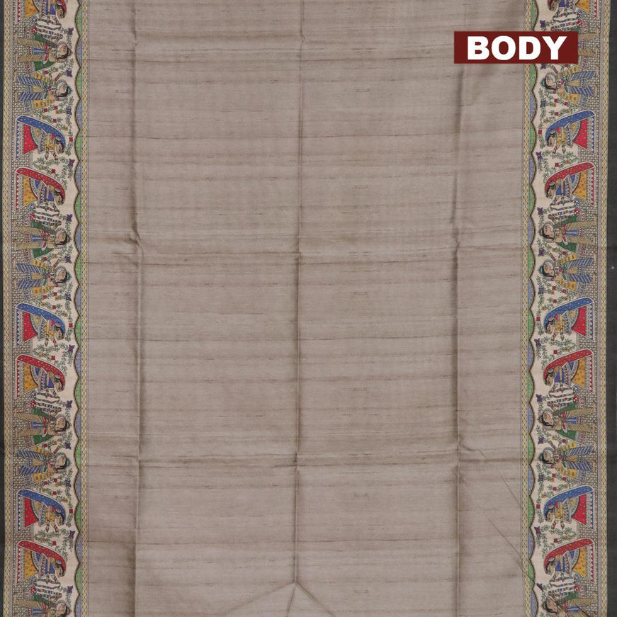 Semi tussar saree grey and beige with plain body and madhubani printed border - {{ collection.title }} by Prashanti Sarees