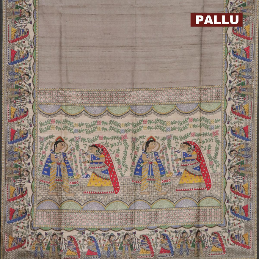 Semi tussar saree grey and beige with plain body and madhubani printed border - {{ collection.title }} by Prashanti Sarees
