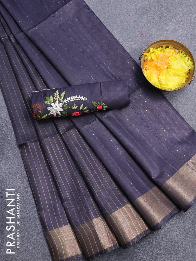 Semi tussar saree grey with allover stripes pattern and seperate embroidery work blouse - {{ collection.title }} by Prashanti Sarees