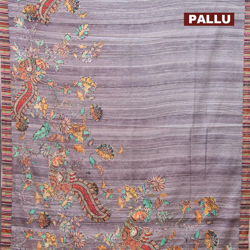 Semi tussar saree grey with kalamkari prints & french knot work and simple border - {{ collection.title }} by Prashanti Sarees