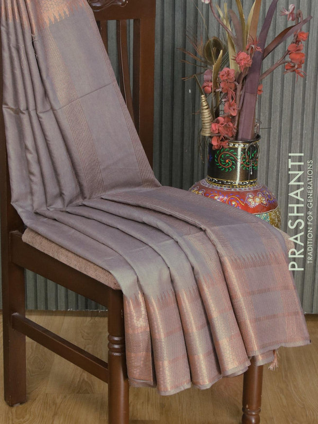 Semi tussar saree grey with plain body and long copper zari woven border & kalamkari printed blouse - {{ collection.title }} by Prashanti Sarees