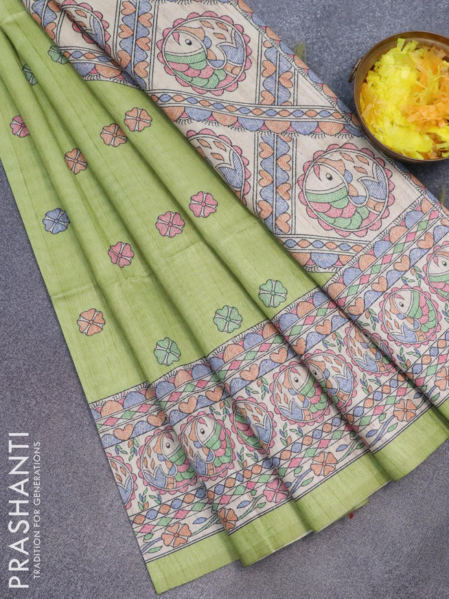 Semi tussar saree light green and beige with madhubani butta prints and madhubani printed border - {{ collection.title }} by Prashanti Sarees