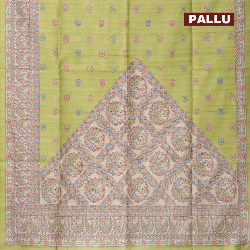 Semi tussar saree light green and beige with madhubani butta prints and madhubani printed border - {{ collection.title }} by Prashanti Sarees
