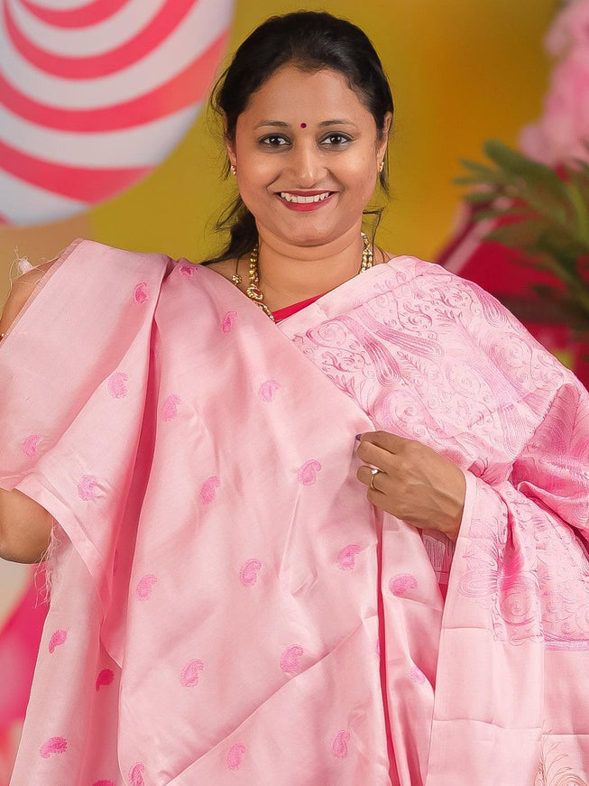 Semi tussar saree light pink and with allover lucknowi work in borderless style - {{ collection.title }} by Prashanti Sarees
