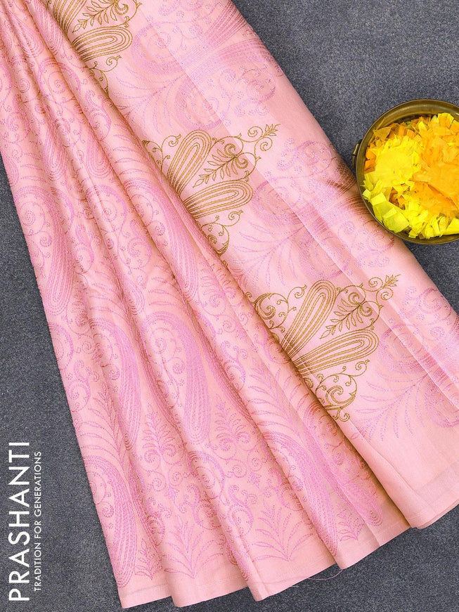 Semi tussar saree light pink and with allover lucknowi work in borderless style - {{ collection.title }} by Prashanti Sarees