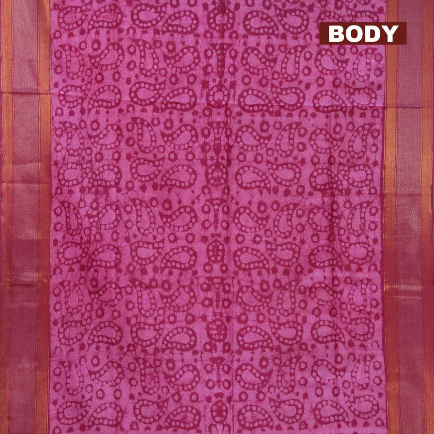 Semi tussar saree magenta pink with allover batik prints and zari woven kanjivaram style border - {{ collection.title }} by Prashanti Sarees